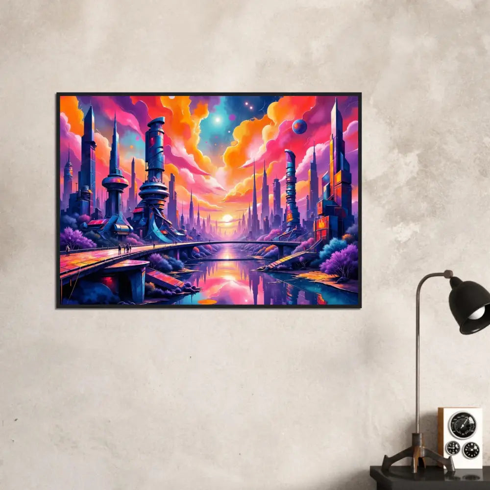 Vivid cosmic skyline with futuristic towers collide in vibrant futuristic cityscape painting