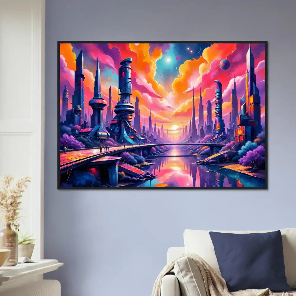 Vivid cosmic skyline surges with futuristic towers collide in vibrant sunset cityscape artwork
