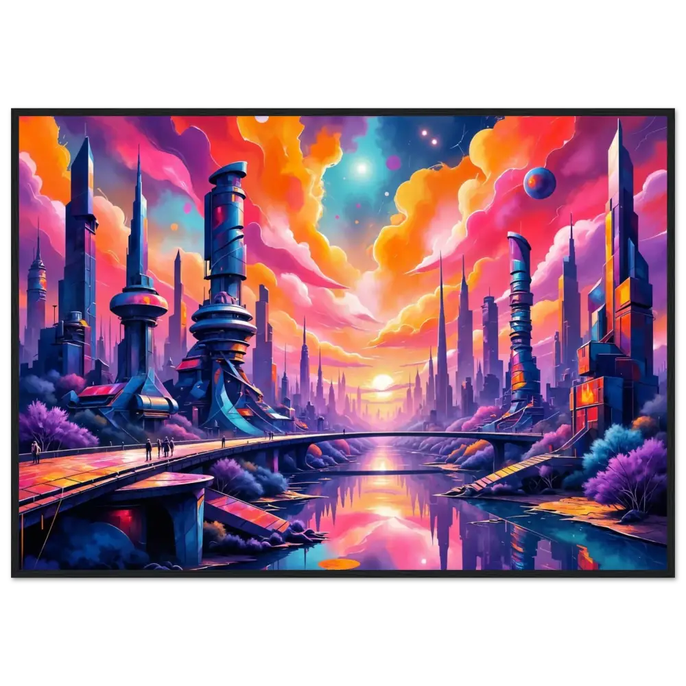 Vivid cosmic skyline surges as futuristic towers collide in a vibrant futuristic city at sunset with river and bridges in PixiOnyx Futurecore Print