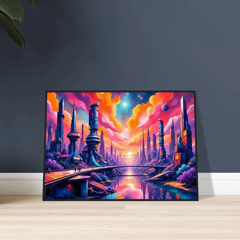 Vivid cosmic skyline with futuristic towers collide in vibrant cityscape painting in black frame