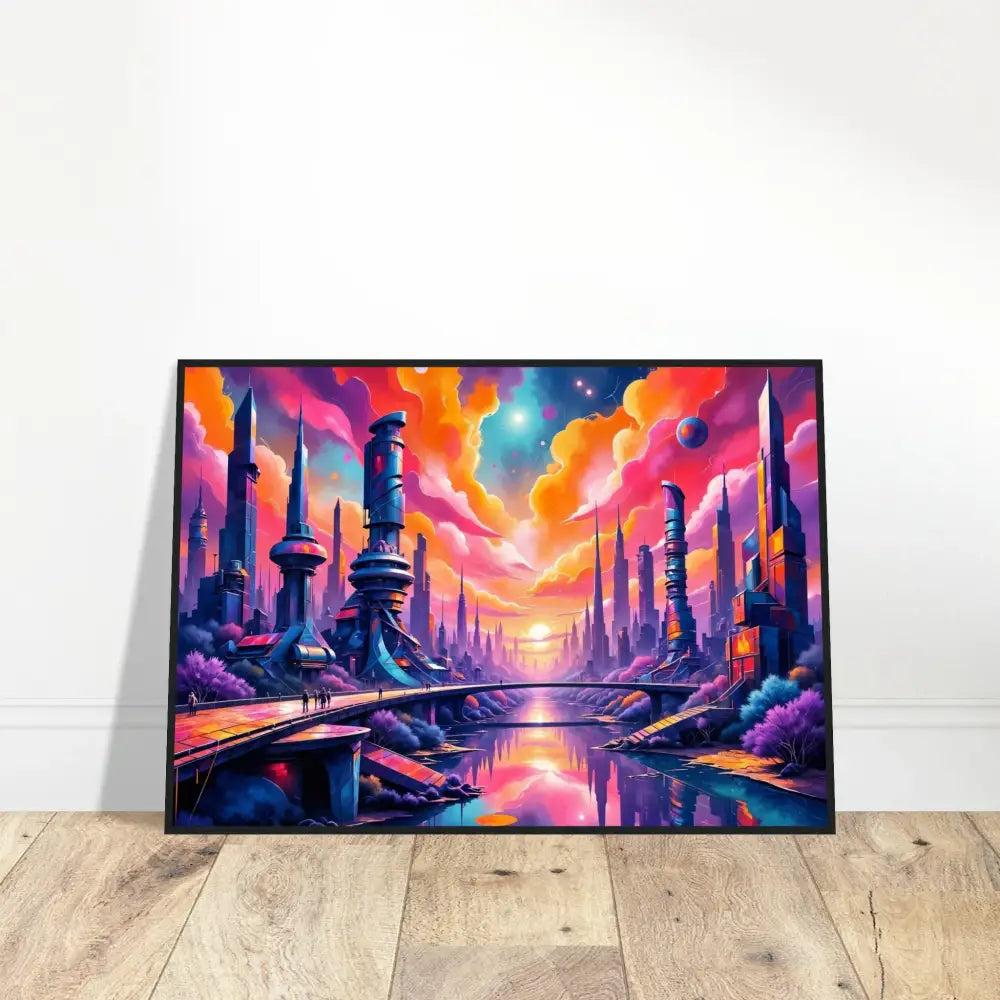 Vivid cosmic skyline with futuristic towers collide in a vibrant cityscape painting with sunset reflection