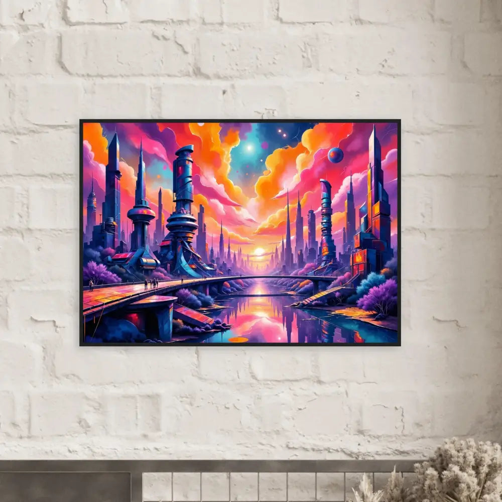 Framed poster of a futuristic city with vivid cosmic skyline surges and colorful towers