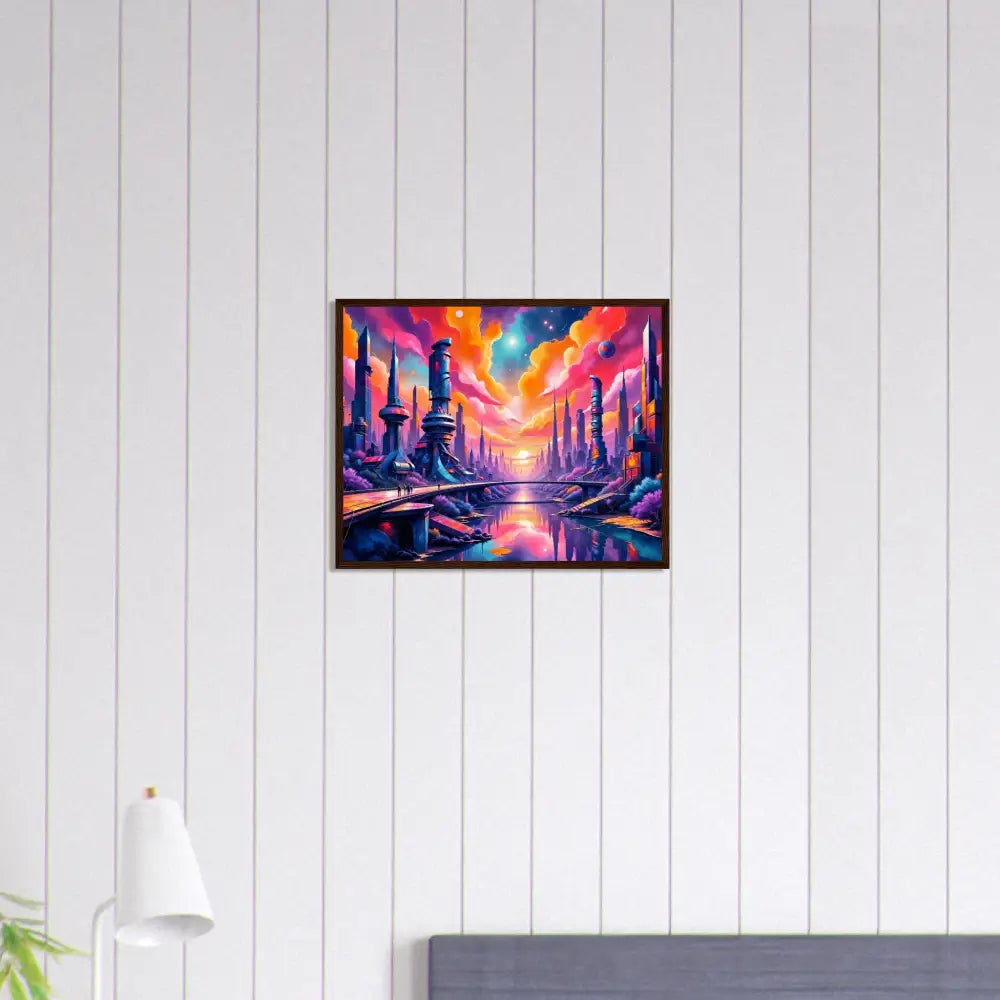 Vivid cosmic skyline surges with futuristic towers collide in framed landscape painting at sunset