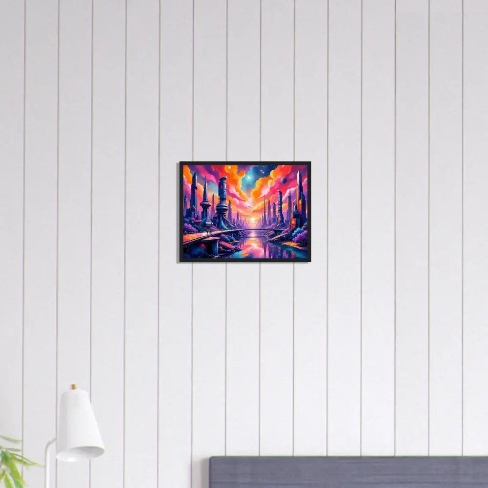 Framed poster of a colorful abstract futuristic city with vivid cosmic skyline surges at sunset