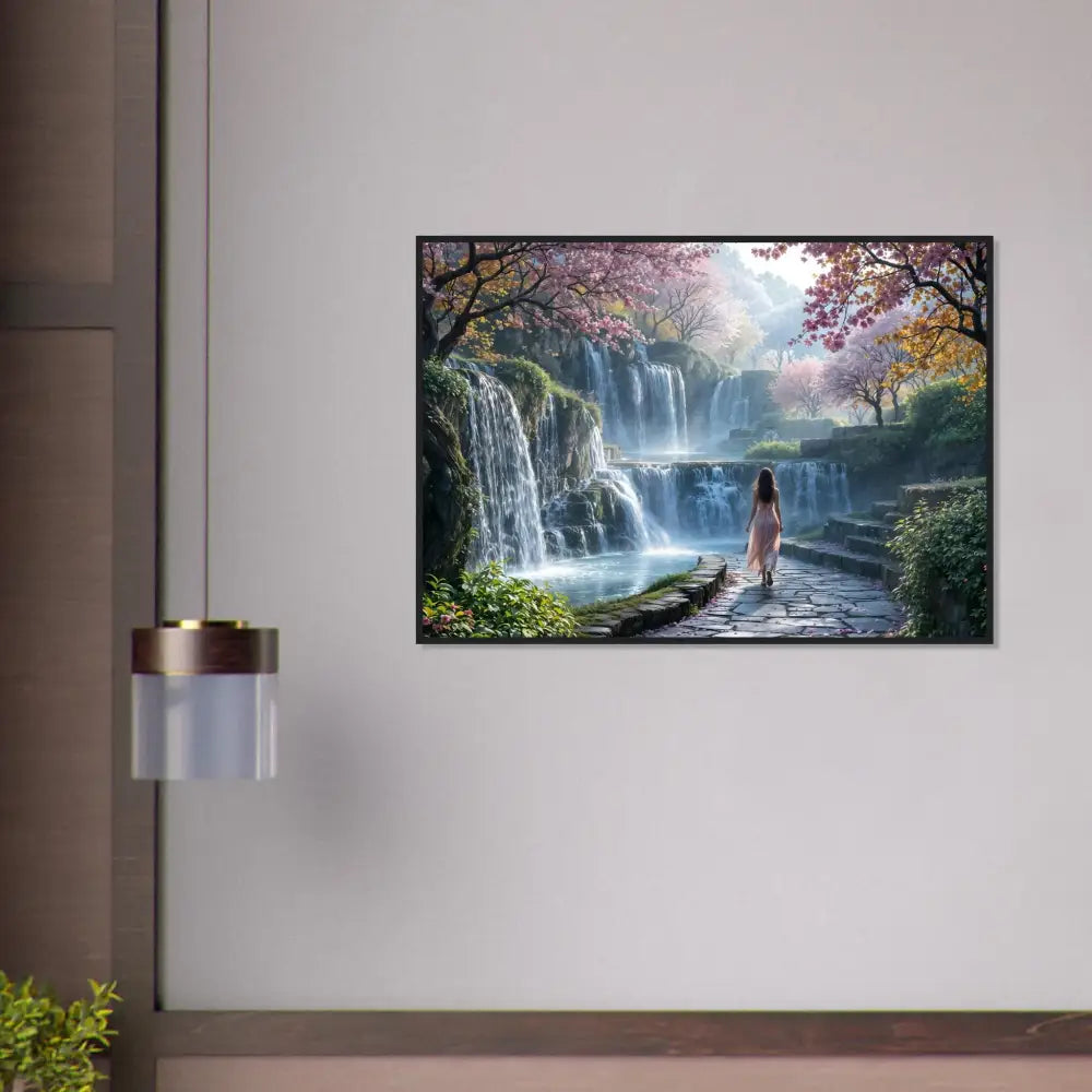 Framed waterfall landscape art poster titled The Waterfall Orchard by PixiOnyx Tranquil Dreamprint