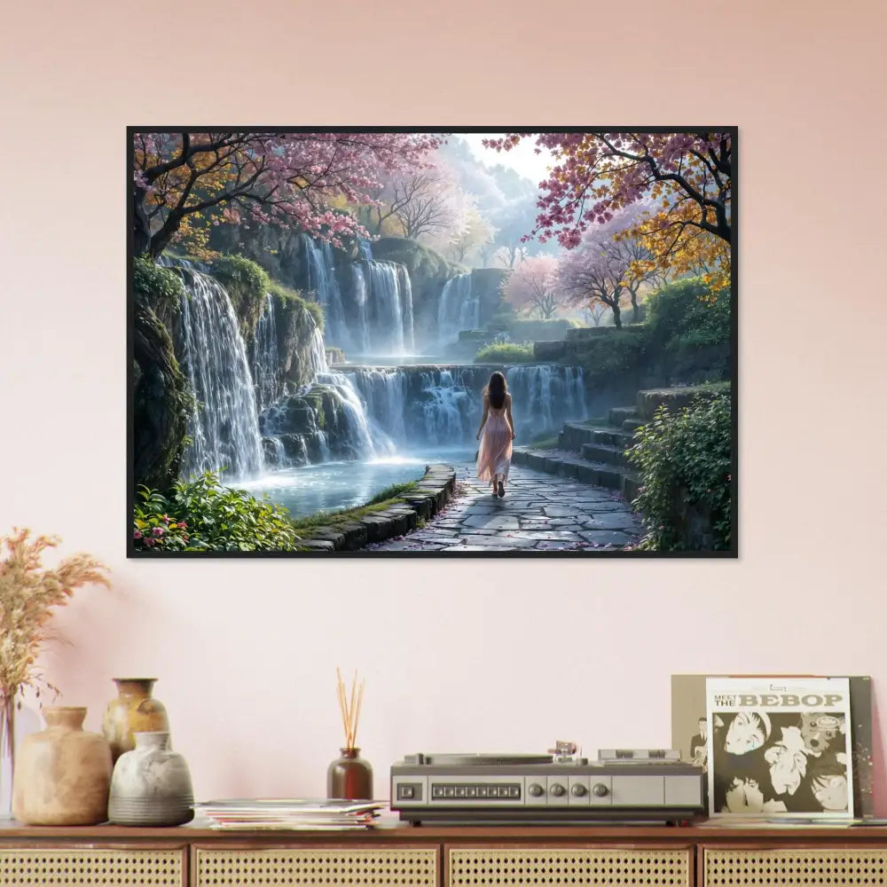 Framed waterfall landscape art poster titled The Waterfall Orchard by PixiOnyx Tranquil Dreamprint