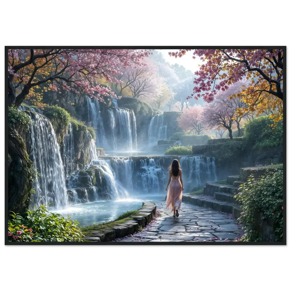 Scenic waterfall landscape with a woman for Framed Poster The Waterfall Orchard PixiOnyx