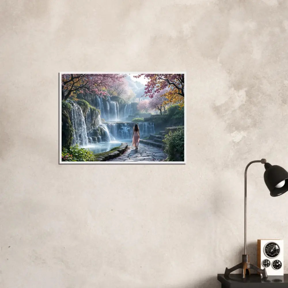 Framed waterfall landscape art poster displayed in PixiOnyx Tranquil Dreamprint product