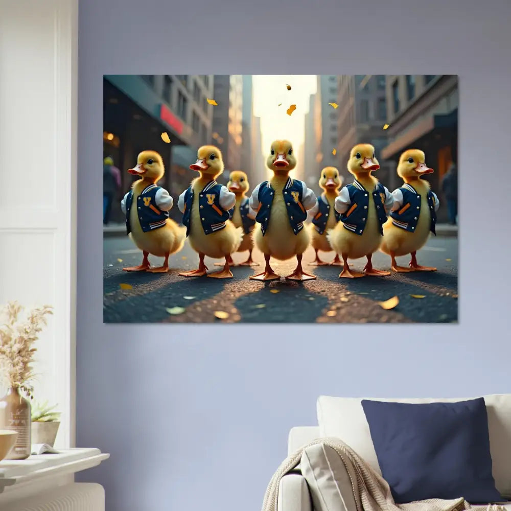 Framed Duckling Gang Print displayed in Varsity Duck Squad PixiOnyx Urban Whimsy Poster
