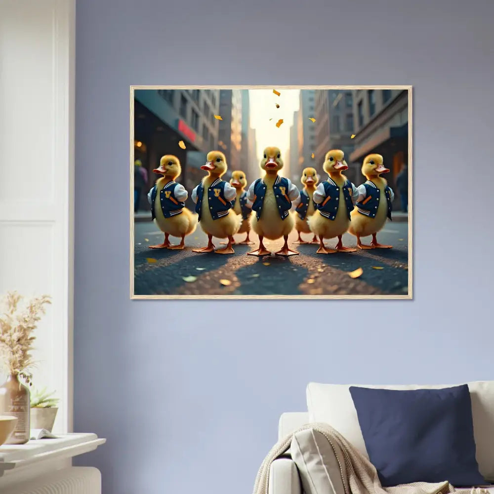 Framed Duckling Gang Print poster featuring trendy varsity duck squad design