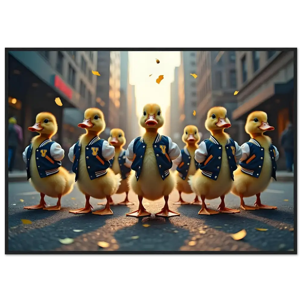 Ducks wearing stylish varsity jackets featured in PixiOnyx Varsity Duck Squad poster