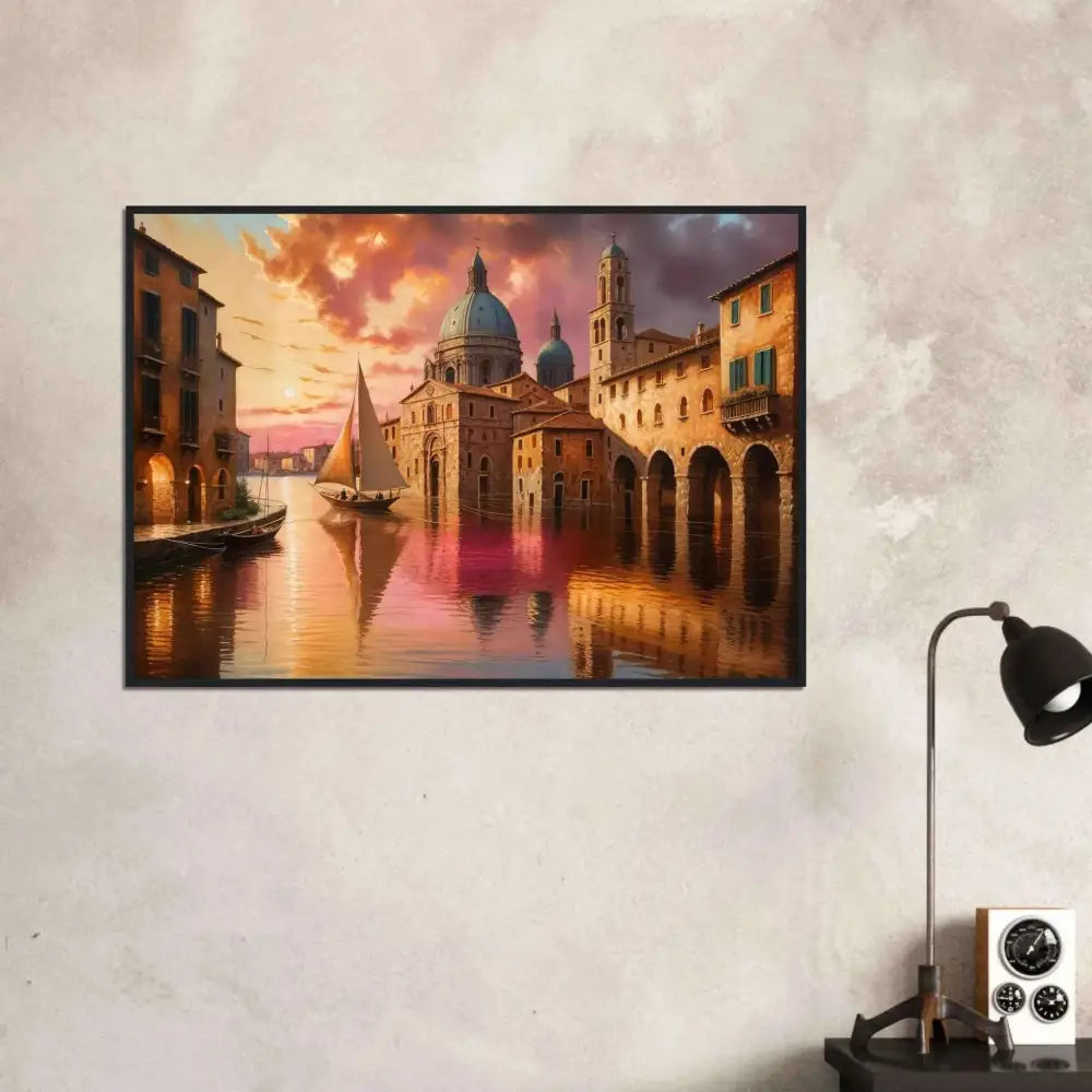 Framed Venetian Reverie poster of scenic waterside town at sunset, museum-quality print