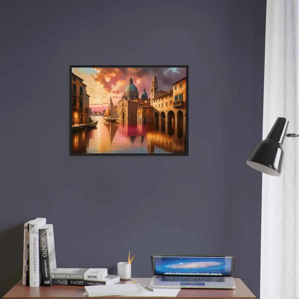 Framed Venetian Reverie cityscape with canal at sunset, museum-quality poster printed