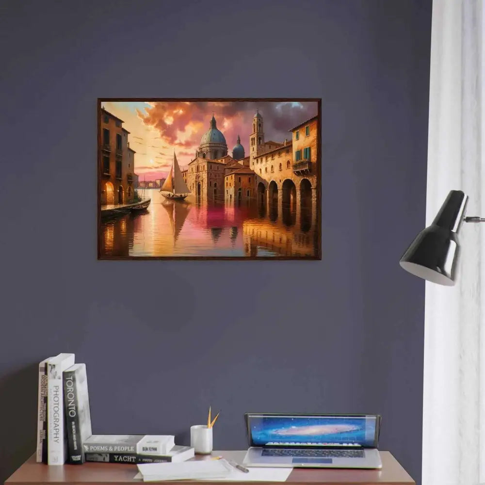 Venetian Reverie framed poster depicting vibrant cityscape with canals and boats, museum-quality print
