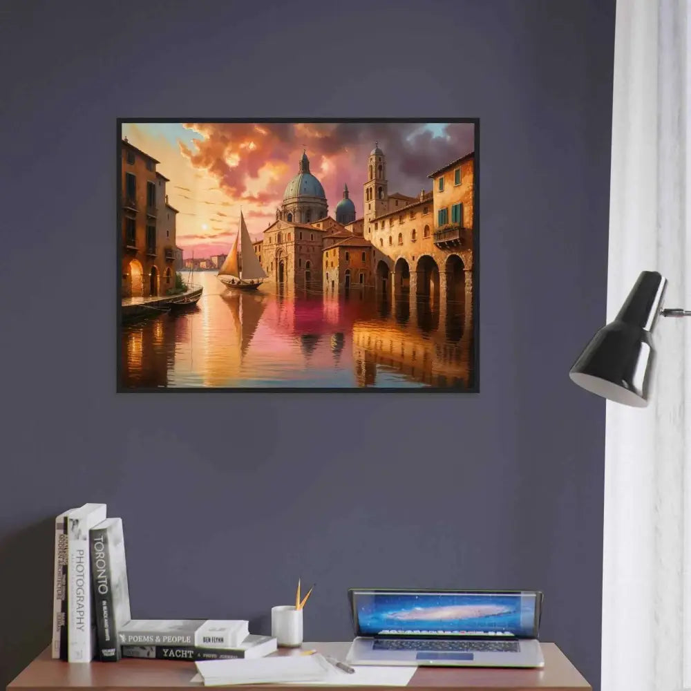 Venetian Reverie framed poster depicting a Venetian-style canal scene at sunset, museum-quality print