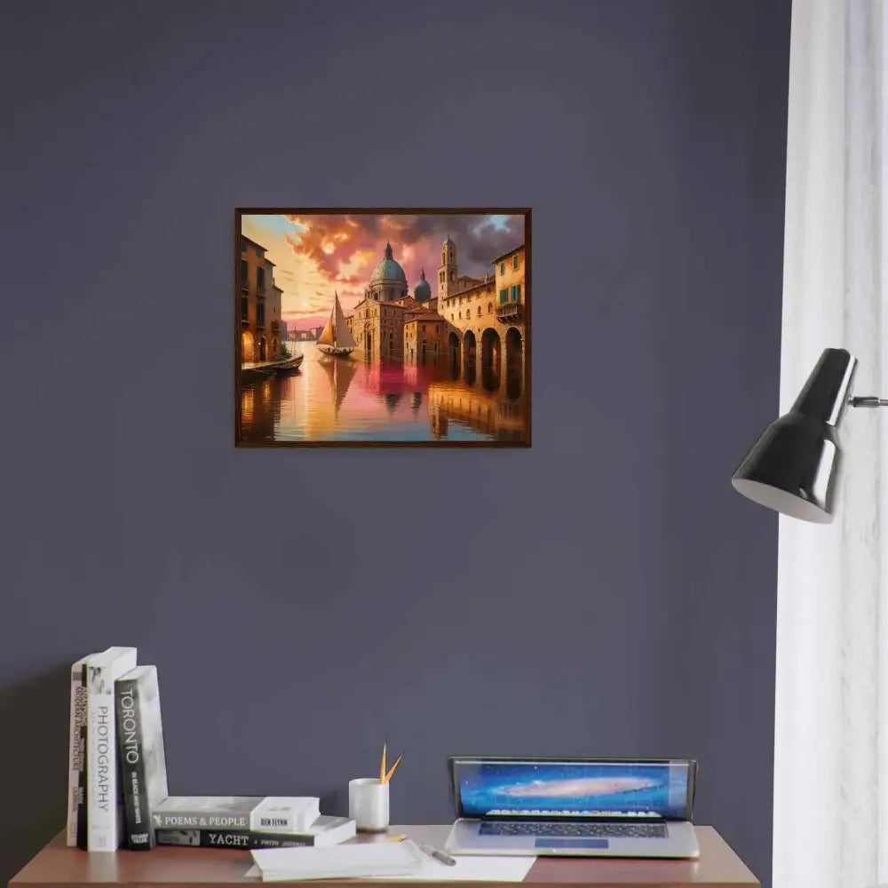 Framed Venetian Reverie cityscape sunset poster from PixiOnyx Timeless Escape Series