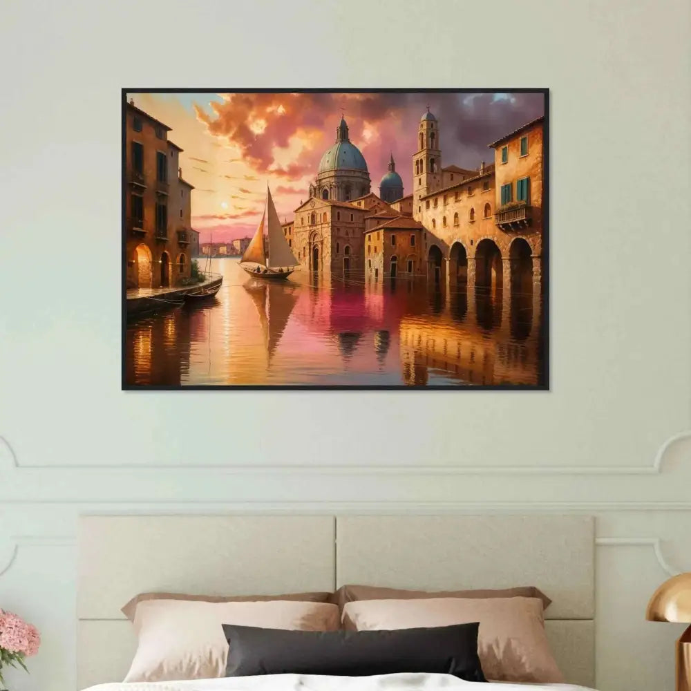 Framed Venetian Reverie artwork of a European canal scene at sunset, museum-quality poster printed