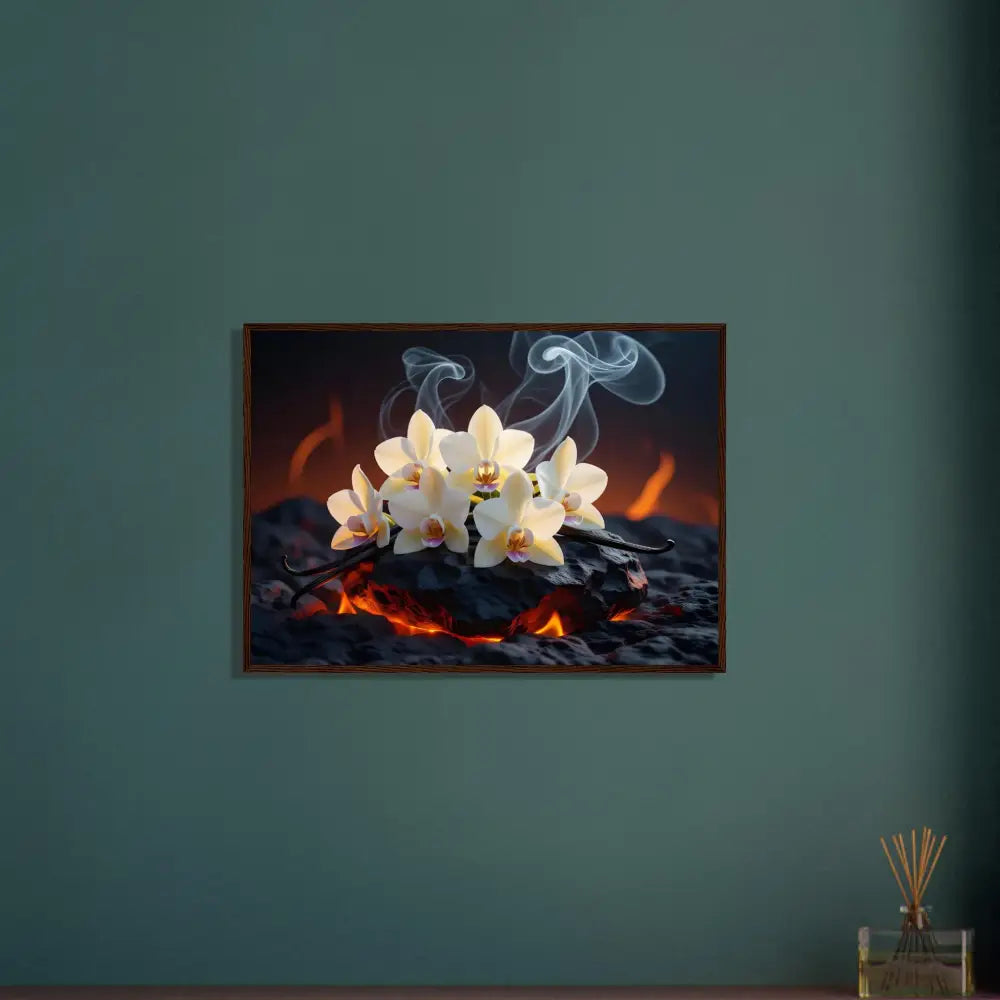 Framed floral and fire artwork poster titled Volcanic Vanilla by PixiOnyx Nature Fusion