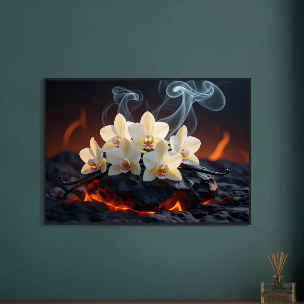 Framed floral and fire artwork displayed in PixiOnyx Nature Fusion Volcanic Vanilla poster