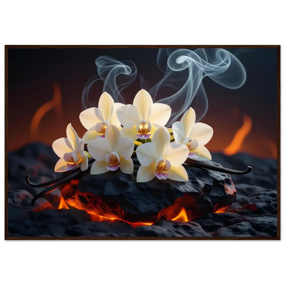 Orchids and vanilla beans with smoke in a Framed Poster – Volcanic Vanilla PixiOnyx Nature Fusion