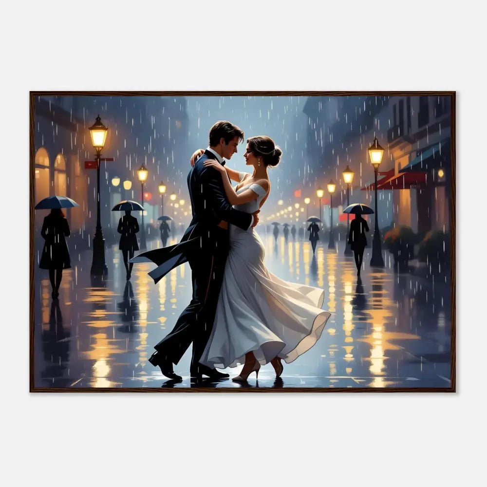 Romantic couple dancing in the rain displayed on Framed Poster Waltz in the Rain PixiOnyx