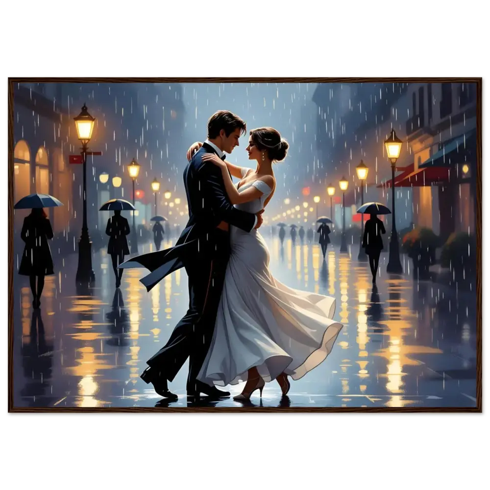 Romantic couple dancing in the rain framed poster Waltz in the Rain PixiOnyx Timeless Elegance