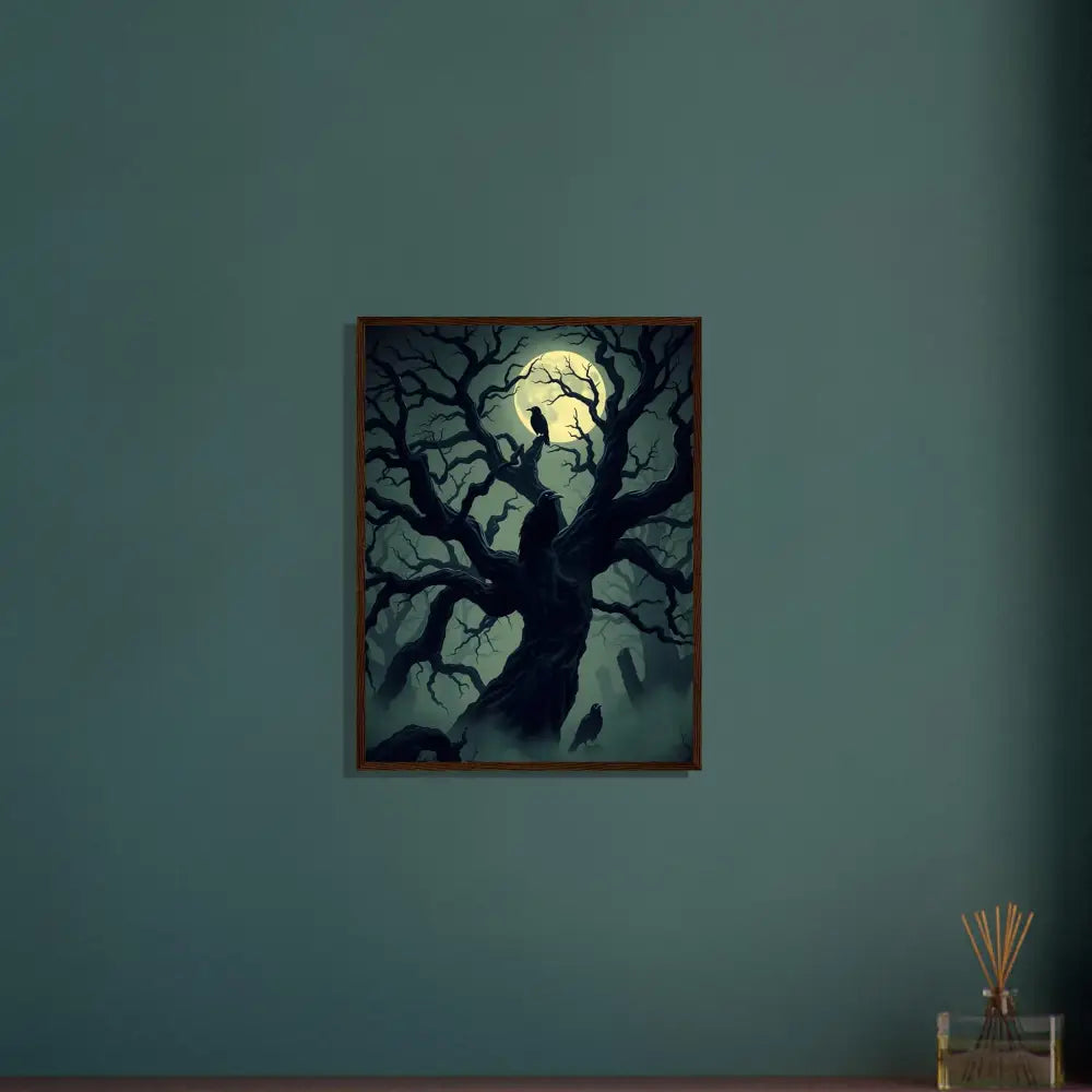 Framed spooky tree painting from PixiOnyx Nocturne Series Watcher of the Crooked Moon