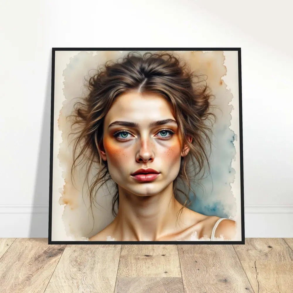 Framed watercolor portrait of a woman’s face with delicate gaze and beauty suspended in paper fog