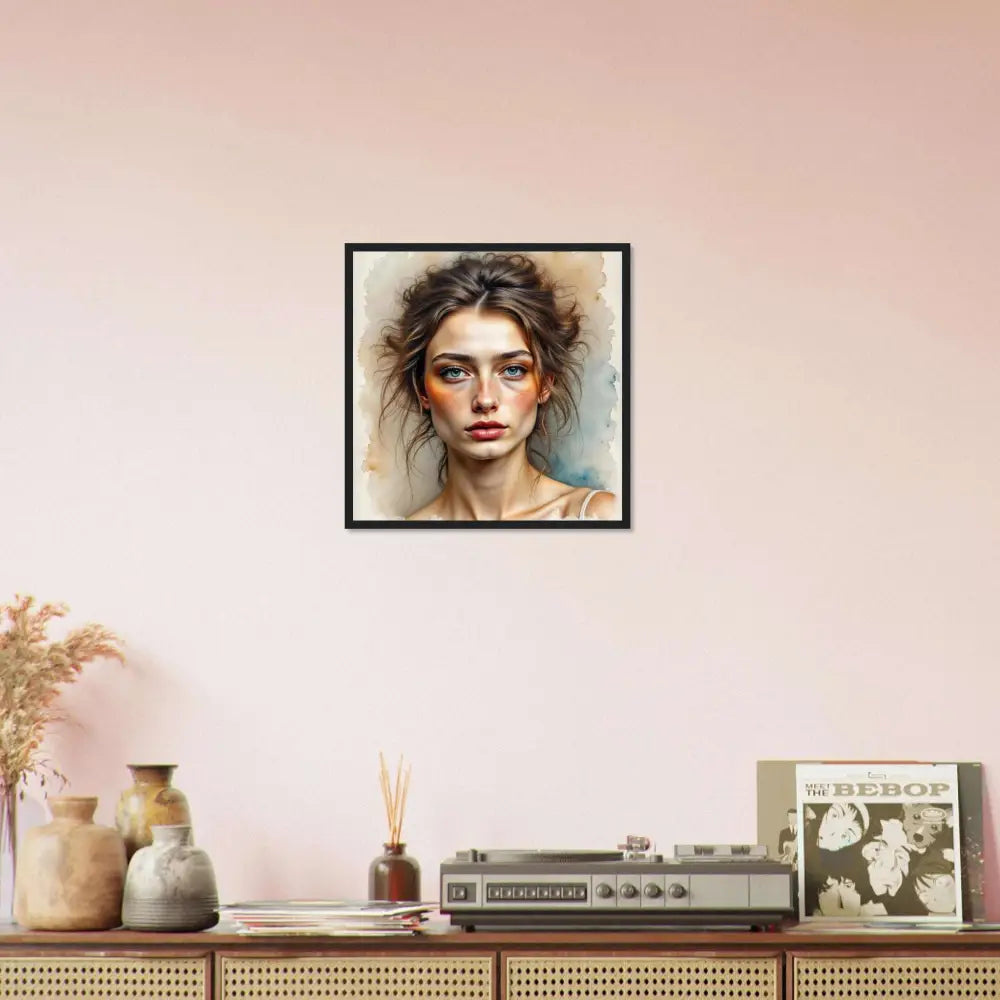 Framed watercolor portrait of woman with striking green eyes and delicate gaze in paper fog scene