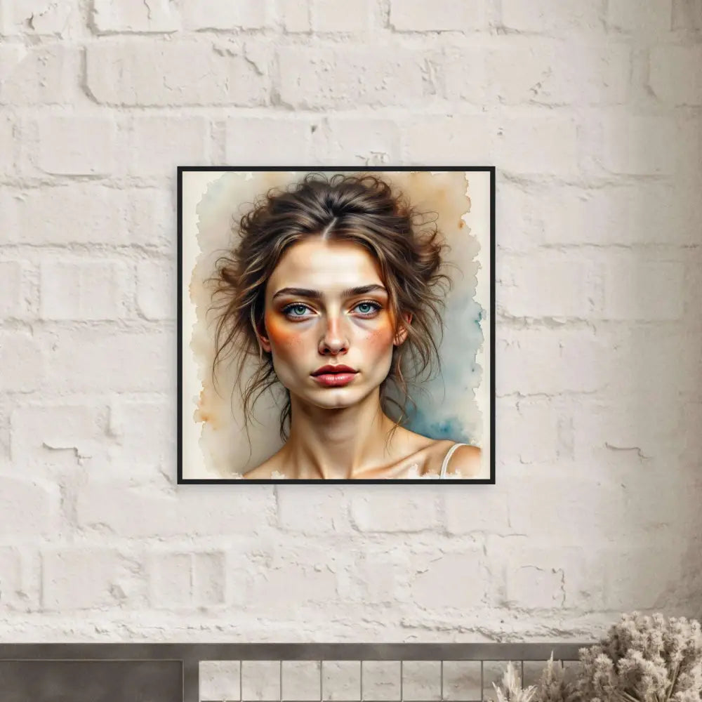 Framed watercolor portrait of a woman with auburn hair and blue eyes showing delicate gaze