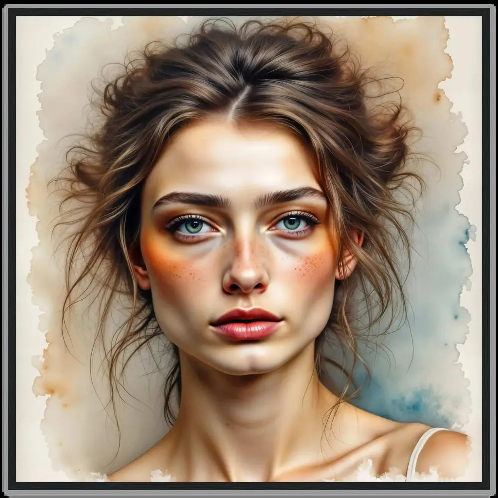 Young woman with light brown hair, blue eyes, and a delicate gaze in a watercolor mist poster