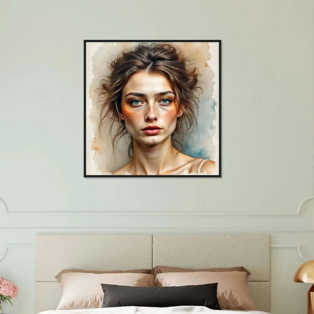 Framed watercolor portrait of a woman with a delicate gaze and beauty suspended in paper fog