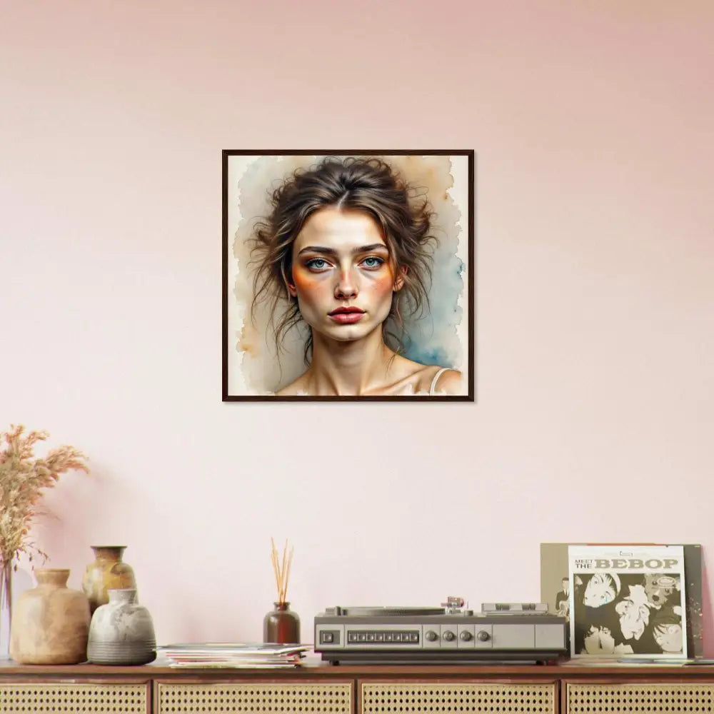 Framed watercolor portrait of a woman with blue eyes and updo showcasing delicate gaze and beauty suspended in paper fog