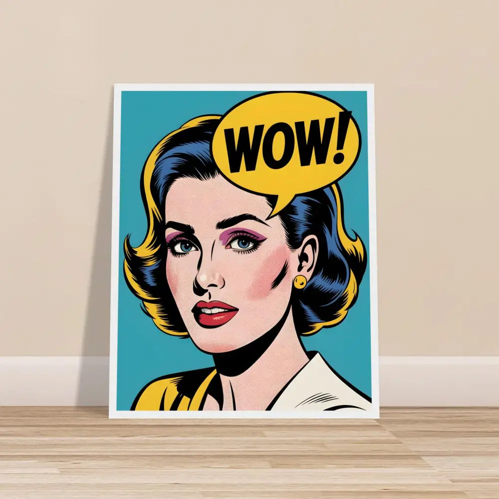 Pop art woman print displayed in Framed Poster WOW Factor PixiOnyx Retro Pop Display