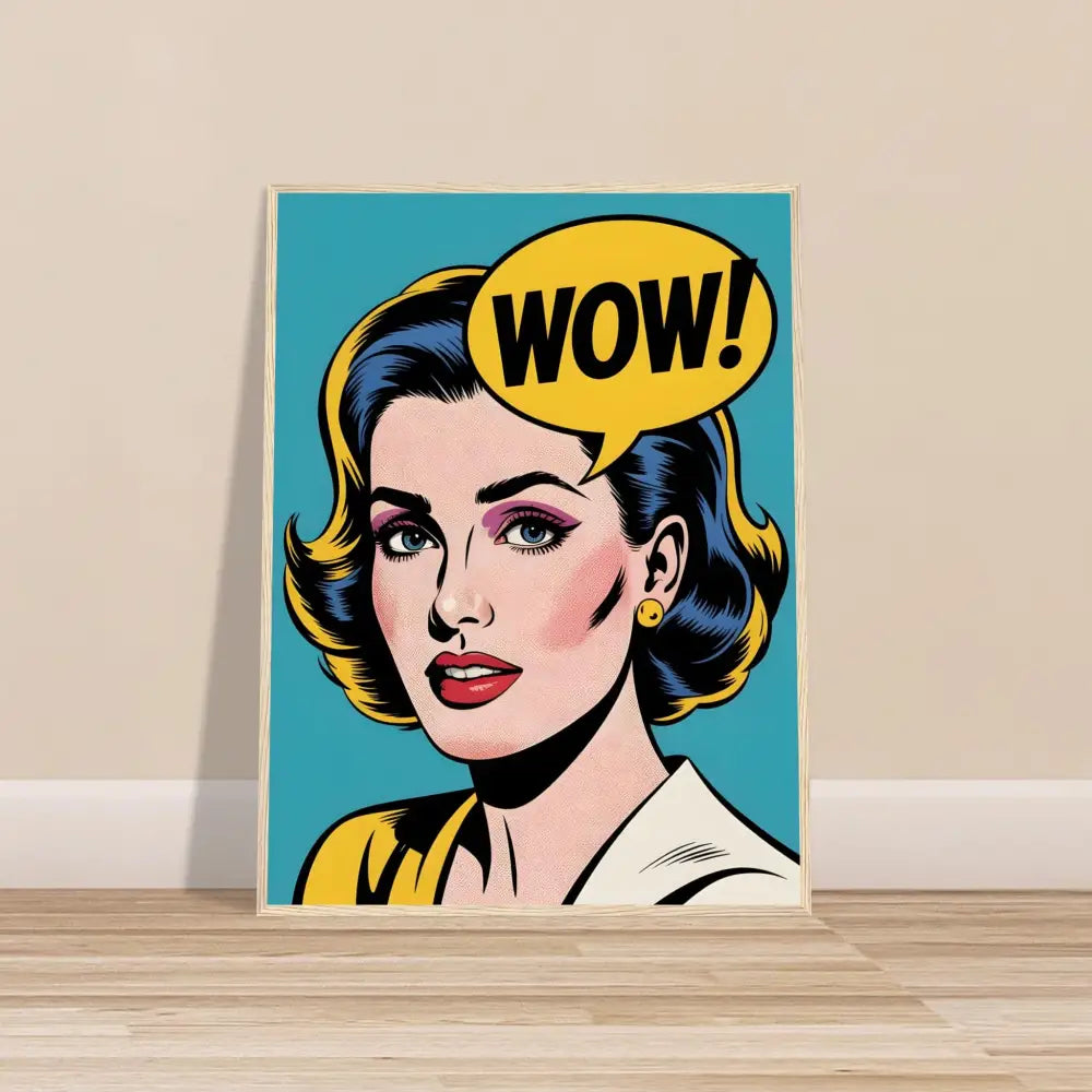 Pop art WOW! print displayed in Framed Poster WOW Factor PixiOnyx Retro Pop Display