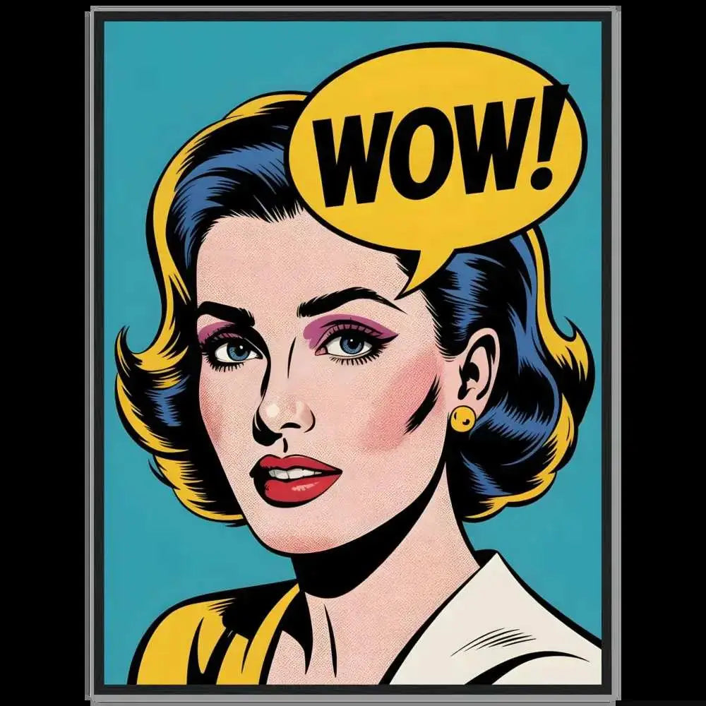 PixiOnyx Retro Pop framed poster featuring a woman with WOW! speech bubble artwork