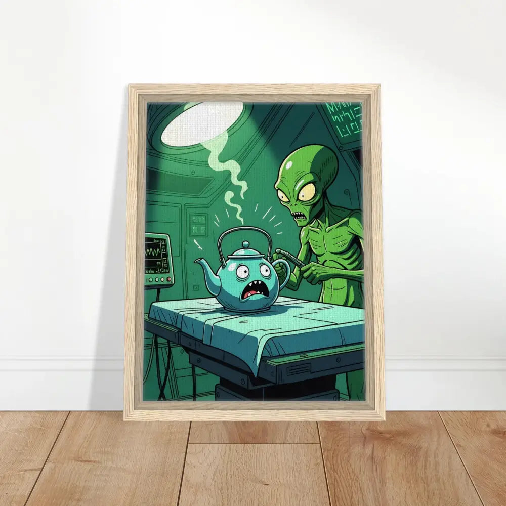 Framed alien abduction art from PixiOnyx Surreal Print Probe Protocol Canvas with humorous alien scene