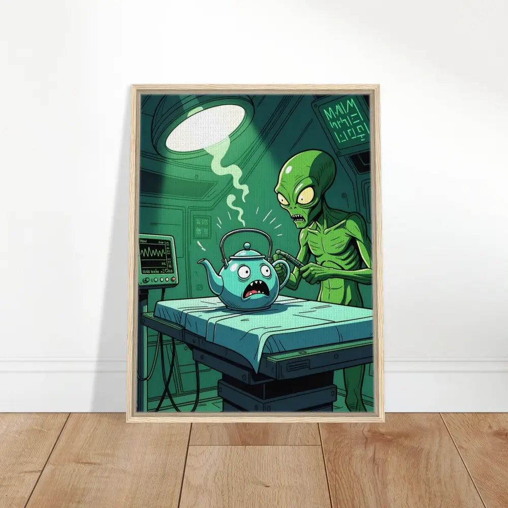 Framed cartoon alien fixing a teapot in a surreal comic scene for PixiOnyx Canvas