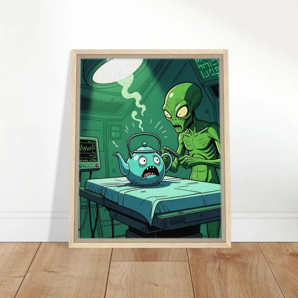 Framed cartoon art from Probe Protocol Canvas Alien Comedy Scene PixiOnyx Surreal Print