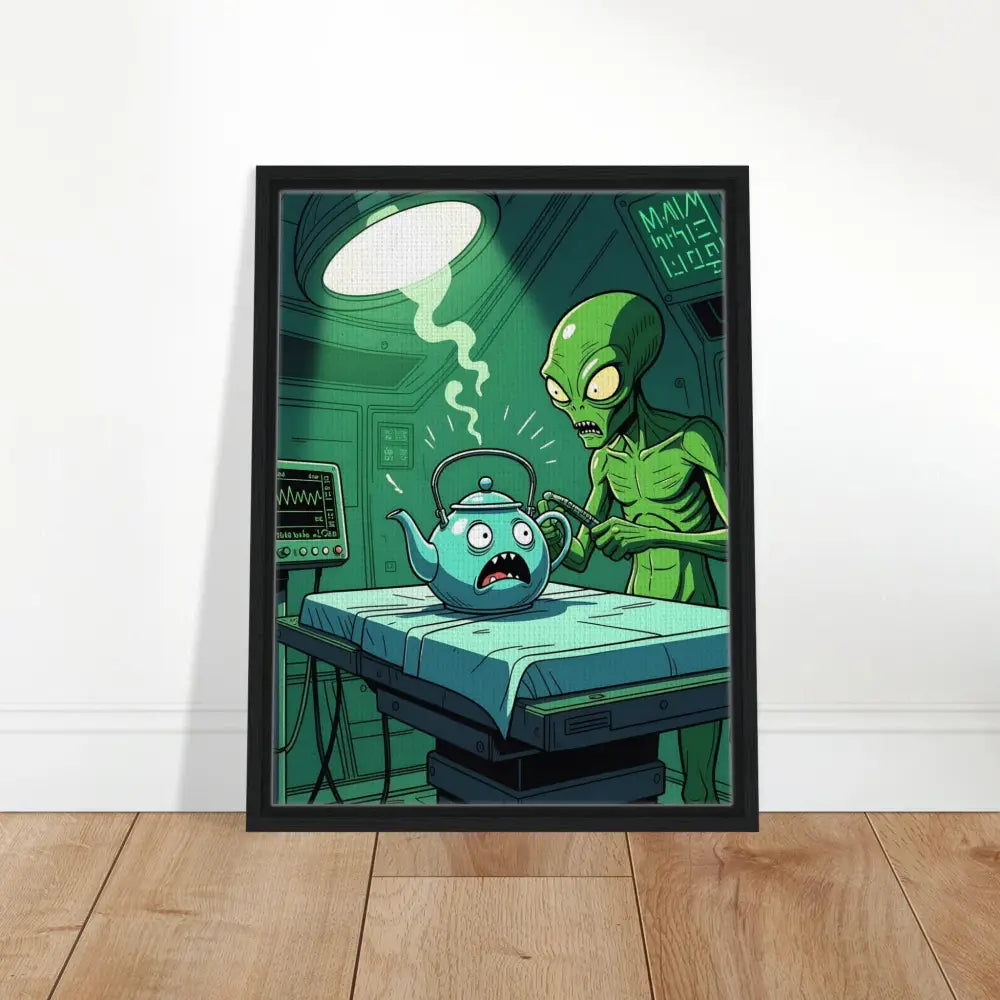 Framed cartoon alien abduction artwork from the Probe Protocol Canvas by PixiOnyx