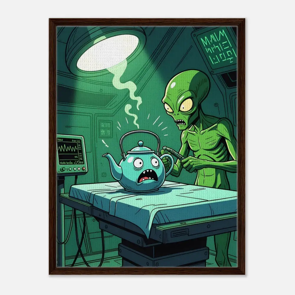 Framed cartoon of an alien examining a teapot on PixiOnyx Surreal Print Canvas