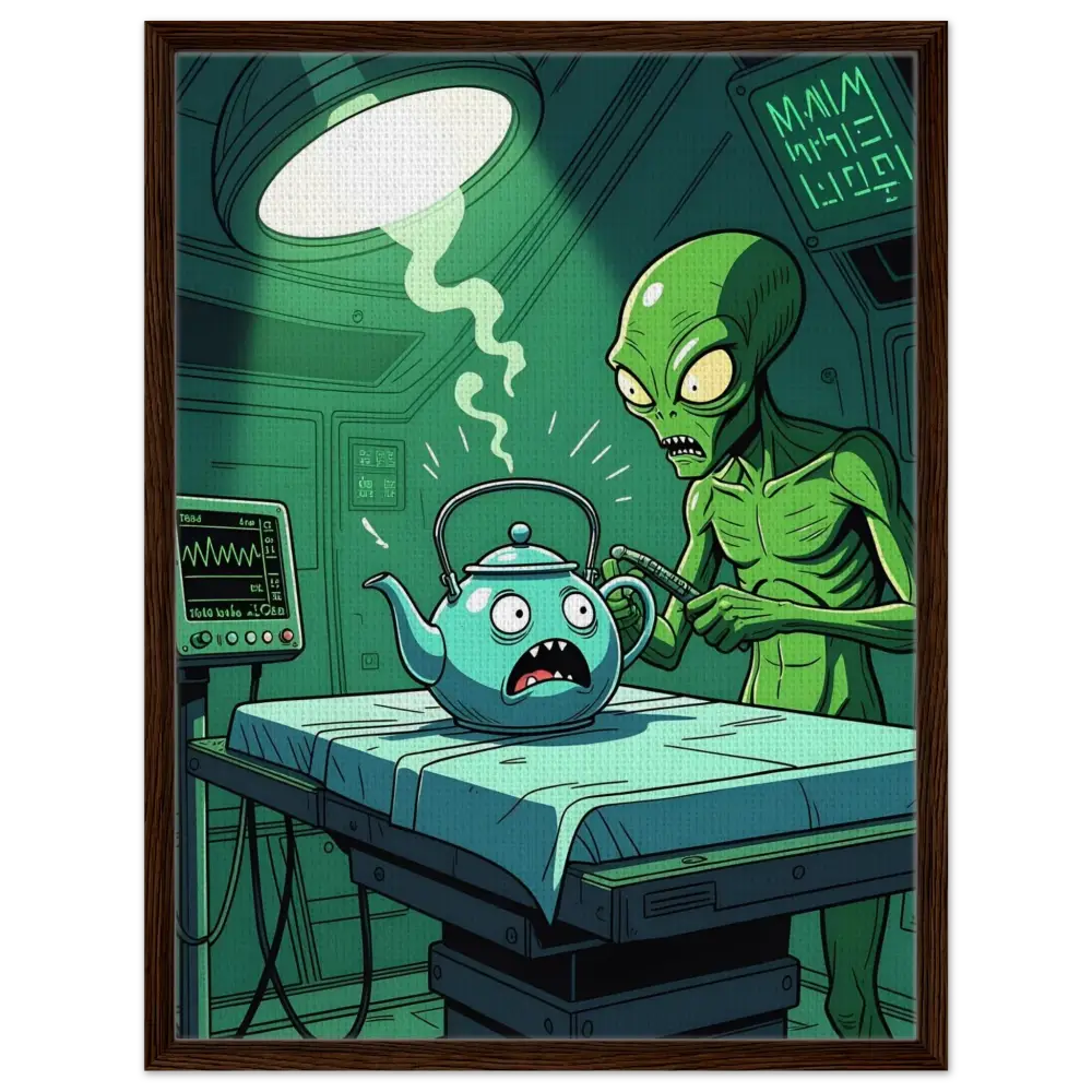 Cartoon alien examining a terrified teapot on Framed Probe Protocol Canvas wall art