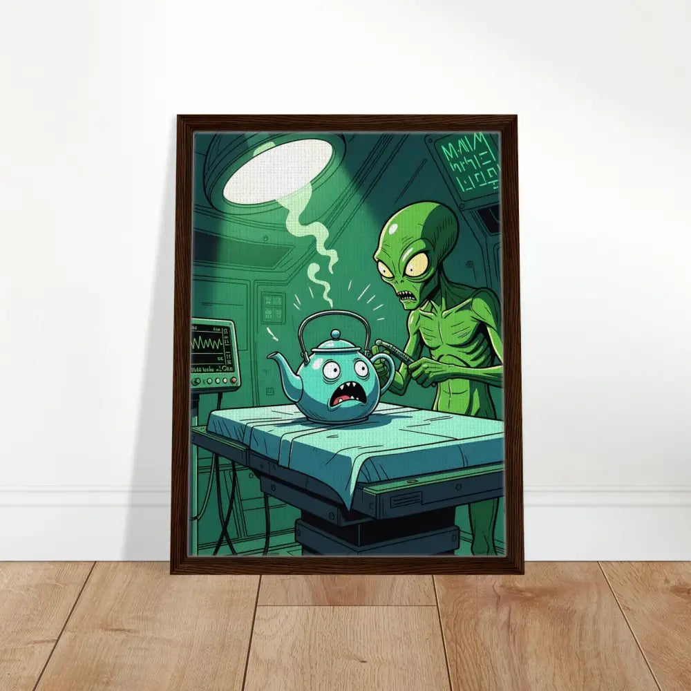 Framed Cartoon Alien Abduction Scene Canvas for Surreal Alien Comedy Wall Art
