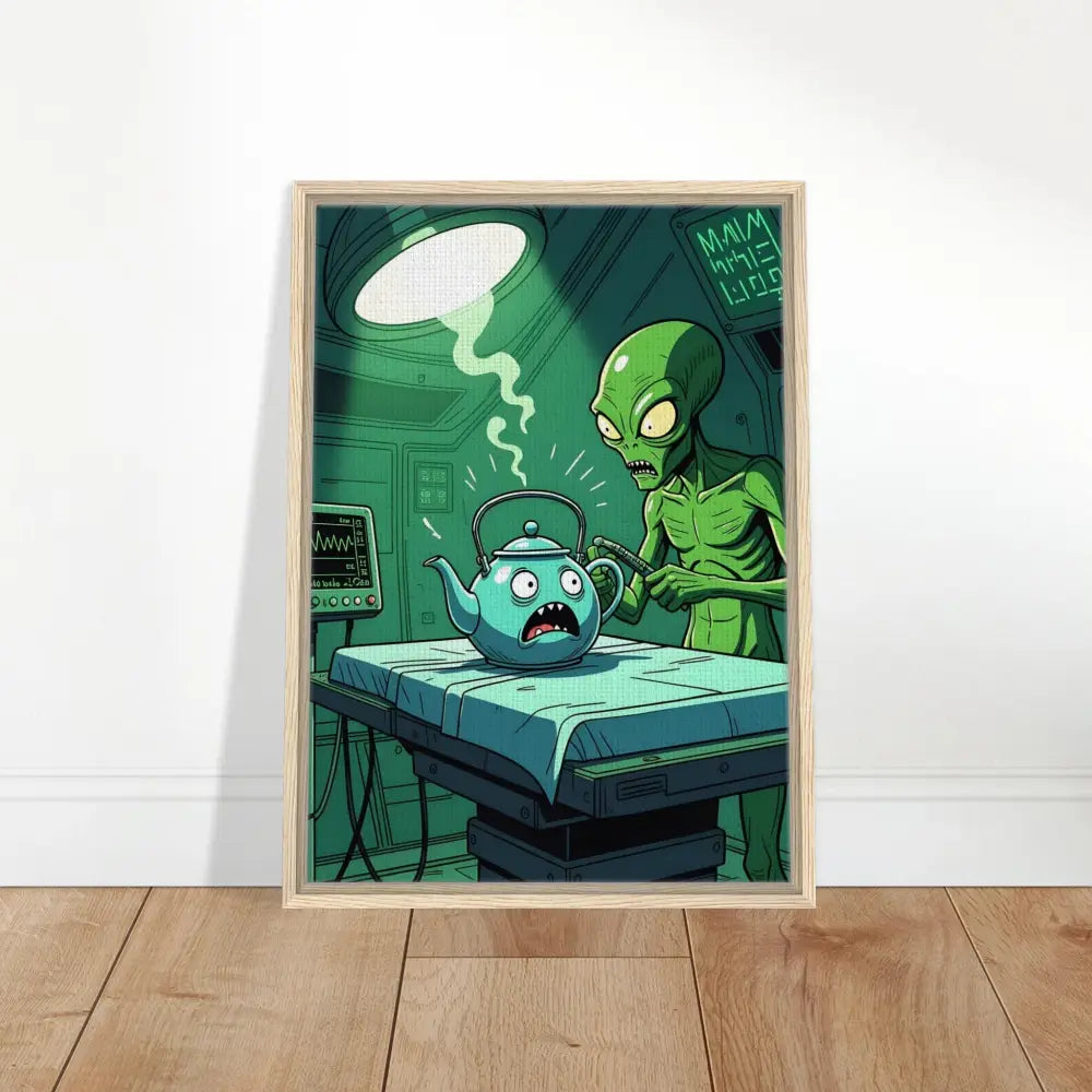 Framed cartoon alien abduction scene from PixiOnyx Surreal Print Probe Protocol Canvas