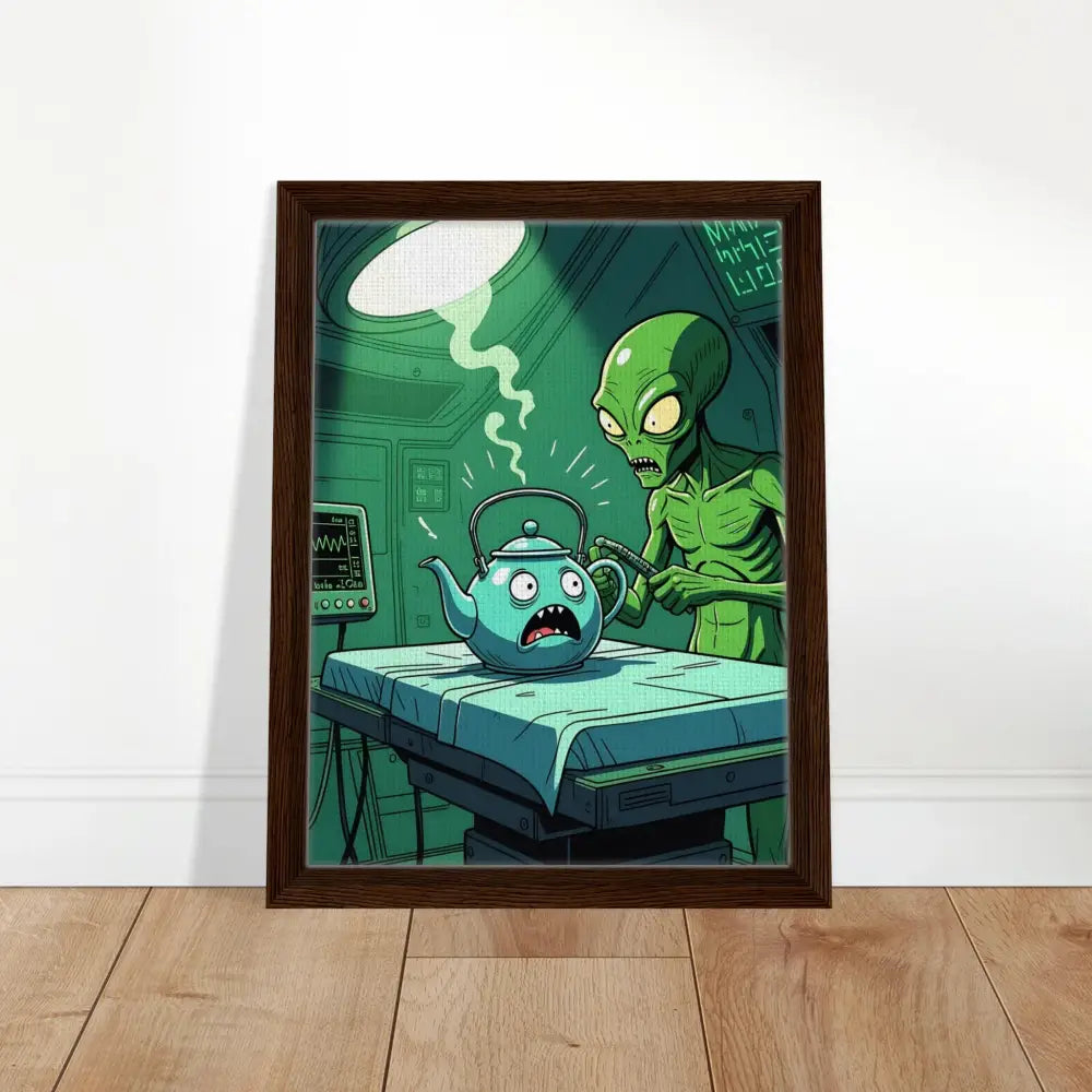Framed cartoon alien operating on a teapot in surreal comic scene for PixiOnyx Canvas
