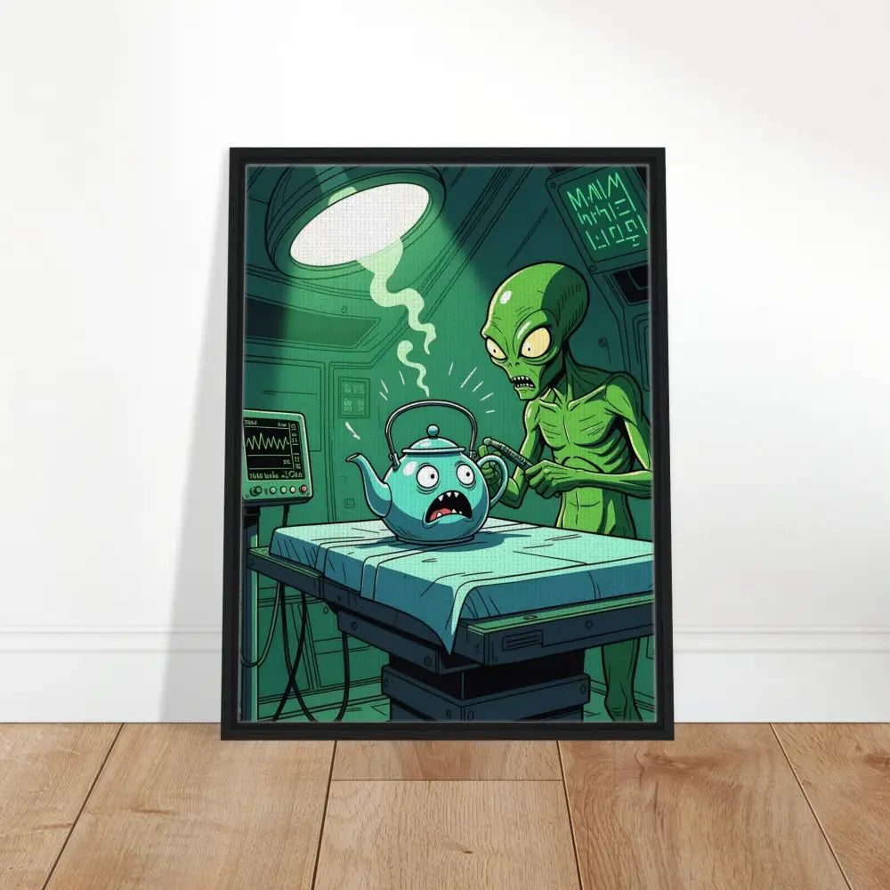 Framed cartoon of an alien examining a teapot from PixiOnyx Surreal Print collection
