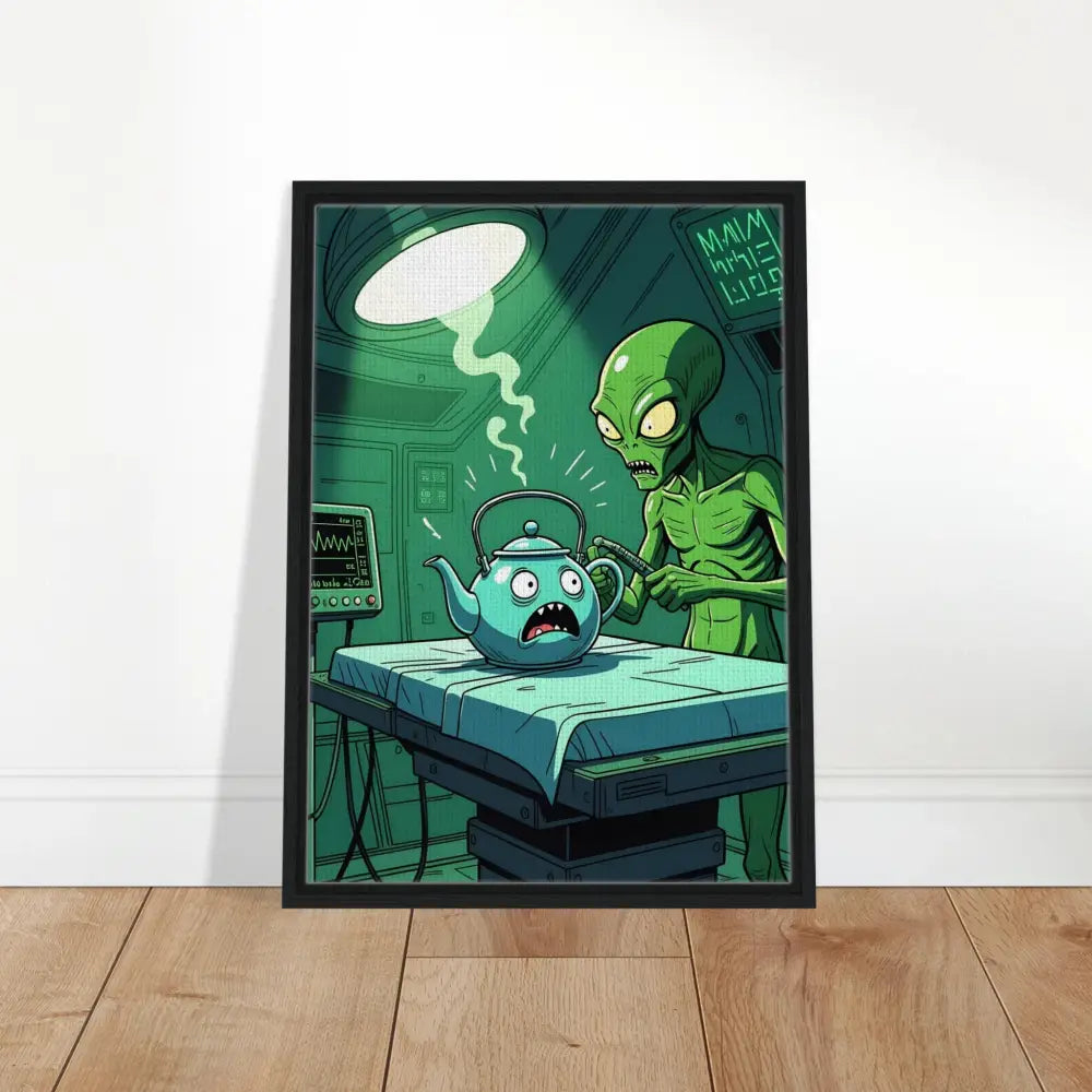 Framed cartoon alien abduction art from PixiOnyx Surreal Print Probe Protocol Canvas
