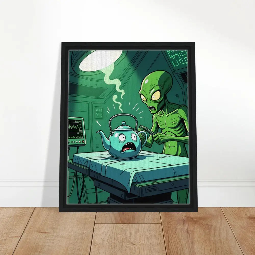 Framed cartoon artwork from the Alien Comedy Scene on PixiOnyx Surreal Print Canvas