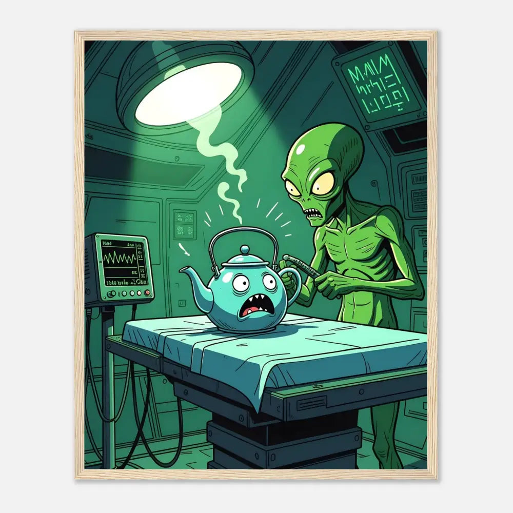 Framed cartoon of an alien inspecting a teapot on PixiOnyx Matte Poster titled Framed Probe Protocol Print