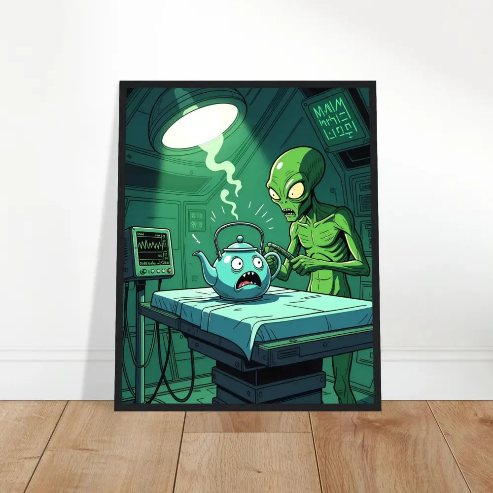 Framed alien abduction art print titled Intergalactic Checkup on PixiOnyx Matte Poster